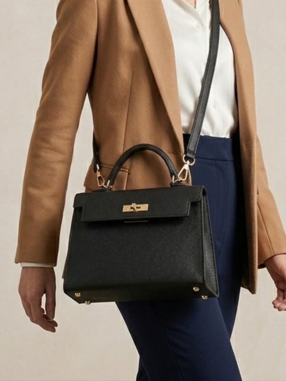 Classic Black Structured Leather Top-Handle Bag